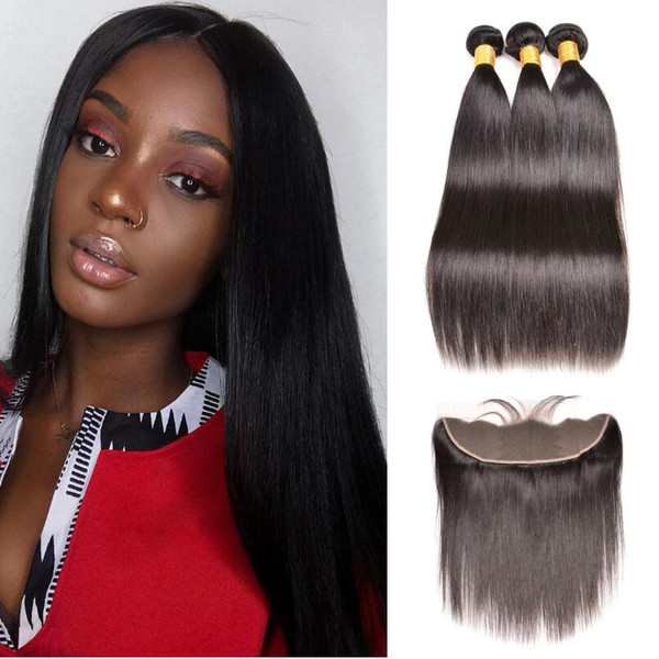 Malaysian Silk Straight Wave Human Hair Bundles With Lace Frontal Virgin Brazilian 10-30inch Straight Human Hair Extensions