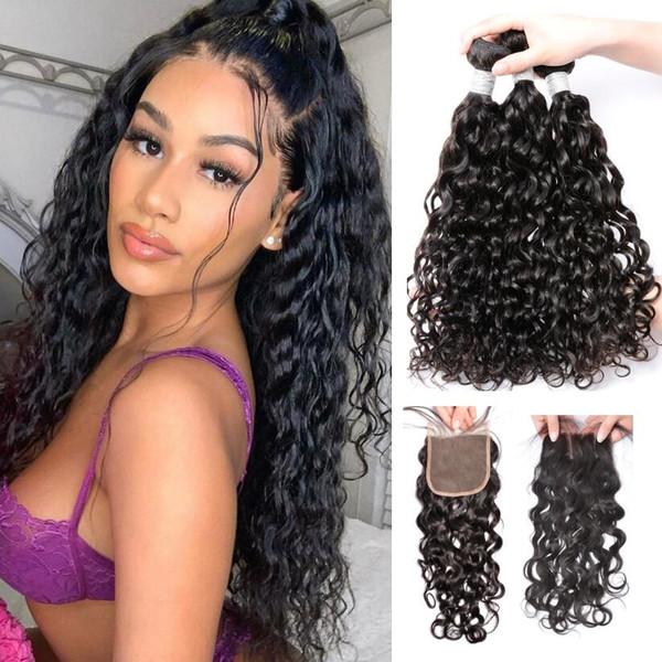 Factory Wholesale 10A Grade Virgin Brazilian Water Wave Weaves Raw Unprocessed Water Human Hair Bundles With Lace Closure