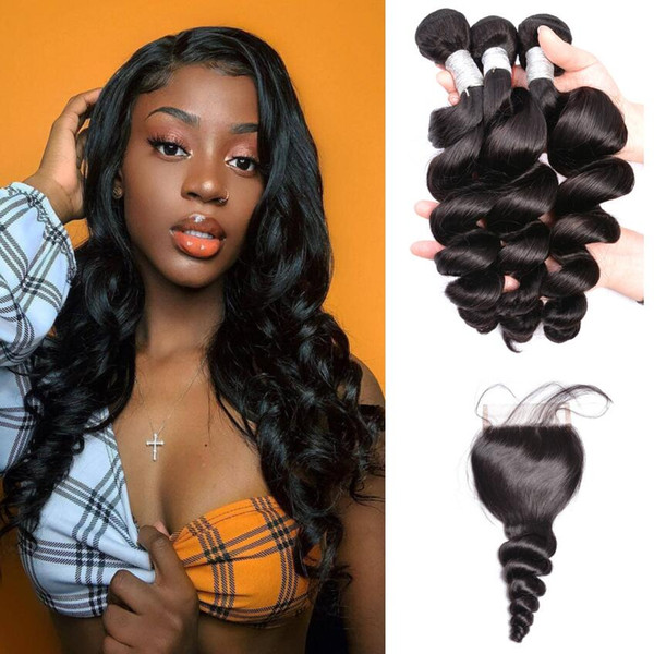 Modern Show 10A Grade Virgin Brazilian Peruvian Loose Wave Weaves Human Hair Bundles With Lace Closure