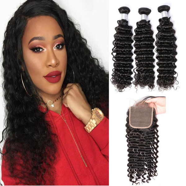 Factory Wholesale 10A Grade Virgin Brazilian Peruvian Curly Wave Weaves Human Hair Bundles With Lace Closure