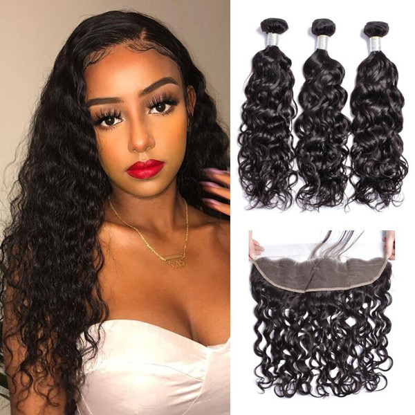 Indian Virgin Water Wet and Wavy Human Hair Bundles With 13X4 Ear to Ear Lace Frontal 10A Brazilian Hair Bundles with Lace Front