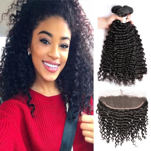 Virgin Unprocessed Deep Curly Wave Hair Bundles With 13X4 Ear to Ear Lace Frontal 10A Brazilian Human Hair Weaves with Lace Front