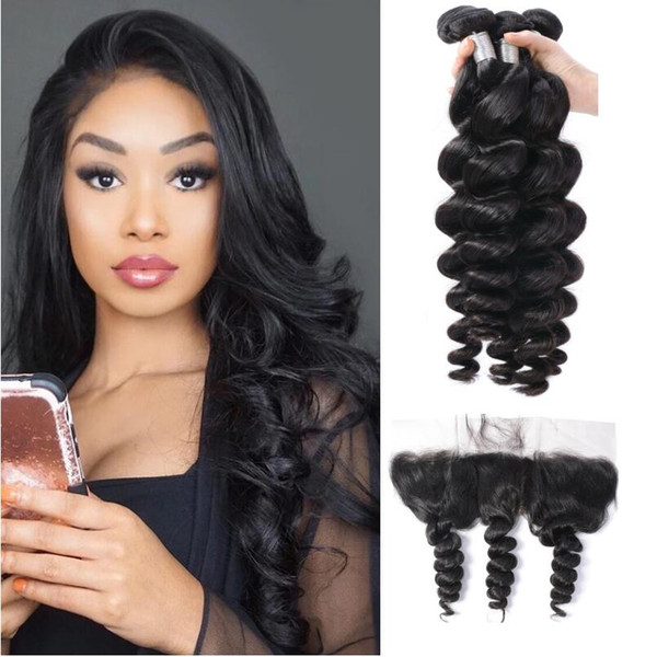 Modern Show Virgin Brazilian Loose Wave Weaves With Lace Frontal Can be Dyed 10A Grade Human Hair Bundles 