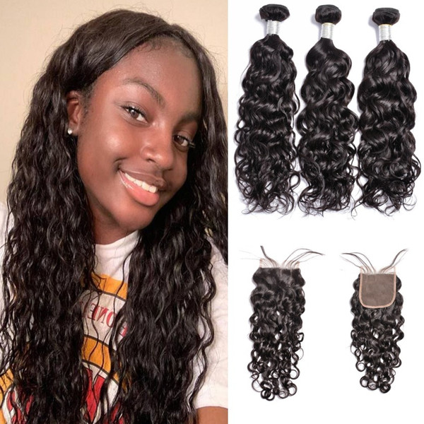 Virgin Body Straight Kinky Curly Human Hair Weaves With Lace Closure Brazilian 3 Pieces Water Wave Remy Hair Bundles With Closure