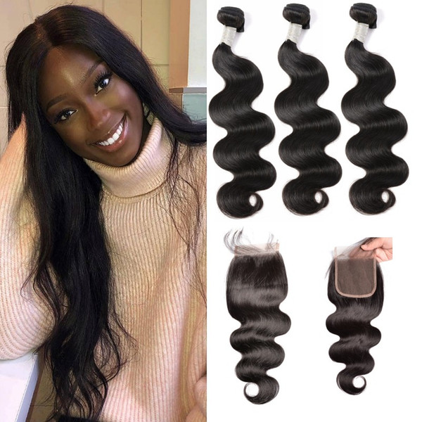 Virgin Body Straight Loose Kinky Curly Human Hair Weaves With Lace Closure Brazilian Peruvian 3 Pieces Remy Hair Bundles With Closure