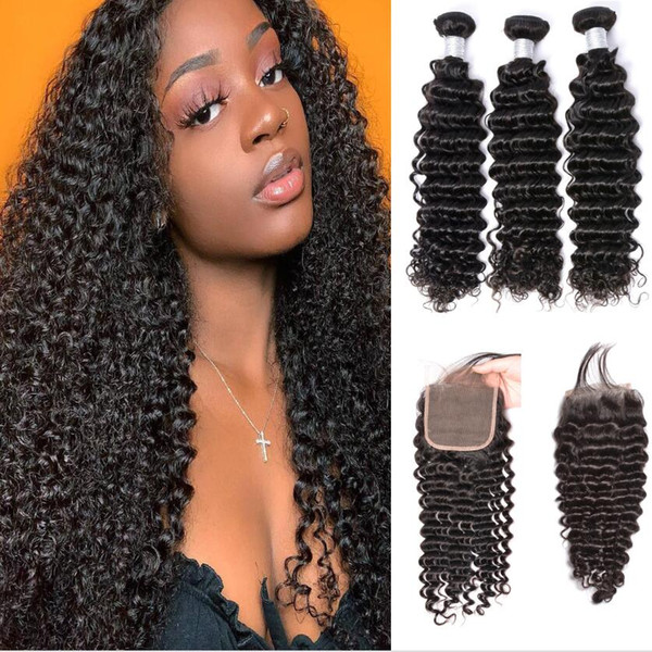 Modernshow Virgin Curly Human Hair Weaves With Lace Closure Brazilian 3 Pieces Curly Wave Remy Hair Bundles With Lace Closure