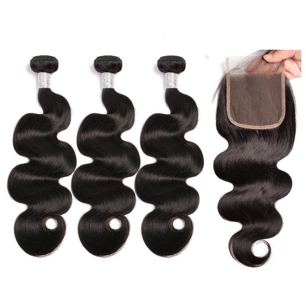 10A 100 Unprocessed Human Hair Body Weaves With Closure Brazilian Peruvian Body Wave Remy Hair Bundles With Closure