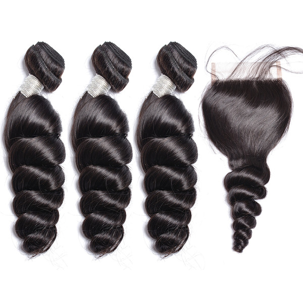 10A 100 Unprocessed Human Hair Loose Weaves With Closure Brazilian Peruvian Loose Wave Remy Hair Bundles With Closure