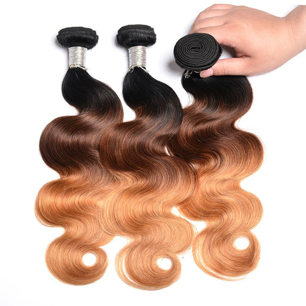 Wholesale 1B 4 27 Ombre 3 Color Body Wave Weaves Brazilian Peruvian Mongolian Human Hair Bundles Unprocessed Hair Wefts