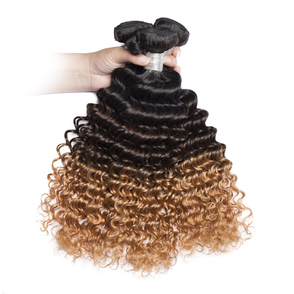 Wholesale 1B 4 27 Ombre 3 Color Curly Wave Weaves Brazilian Peruvian Mongolian Human Hair Bundles Curly Virgin Hair Wefts