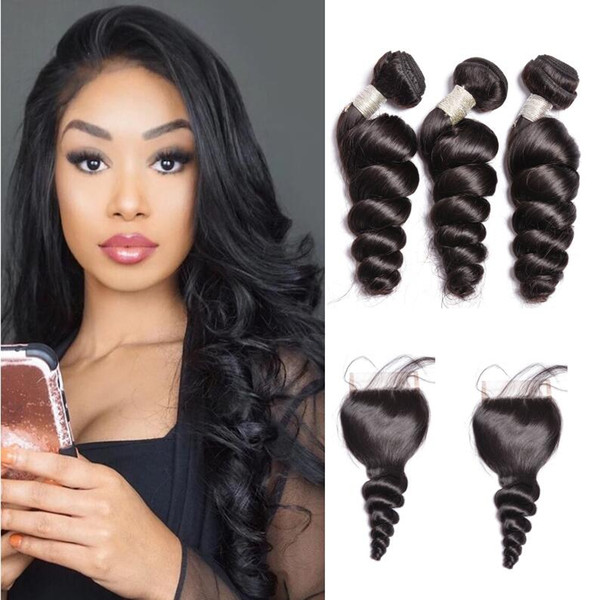 Wholesale 10A Grade Virgin Brazilian Loose Wave Bundles Unprocessed Peruvian Loose Wave Human Hair Bundles With Lace Closure