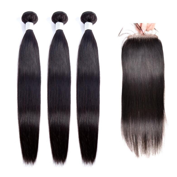 Modern Show Wholesale 10A Grade Virgin Brazilian Peruvian Straight Wave Weaves Human Hair Bundles With Lace Closure