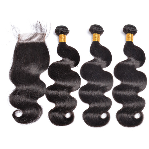 8A Mink Brazilian Virgin Hair With Closure Extensions 3 Bundles Brazilian Body Wave Hair With 4x4 Lace Closure Remy Human Hair Weave