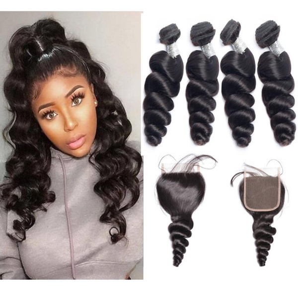 Remy Loose Hair Bundles With Lace Closure Mongolian Cuticle Aligned Virgin 4 Pieces Loose Wave Human Hair Weaves With Closure