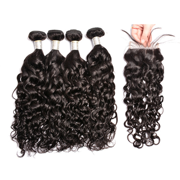 Cuticle Aligned Virgin 4 Pieces Water Wave Human Hair Weaves With Closure Brazilian Peruvian Remy Hair Bundles With Lace Closure