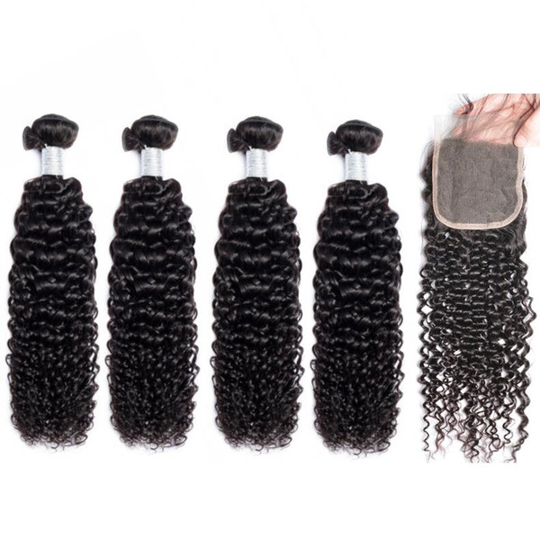 Cuticle Aligned Virgin 4 Pieces Kinky Curly Human Hair Weaves With Closure Brazilian Peruvian Remy Hair Bundles With Closure