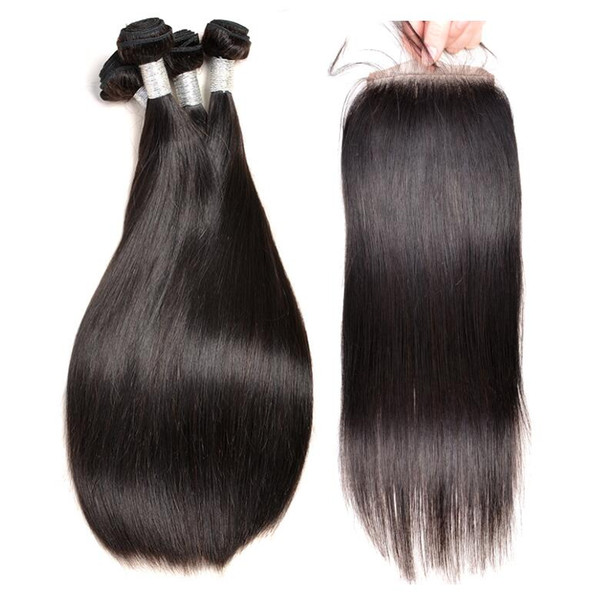 Cuticle Aligned Virgin 4 Pieces Straight Wave Human Hair Weaves With Closure Brazilian Peruvian Remy Hair Bundles With Closure