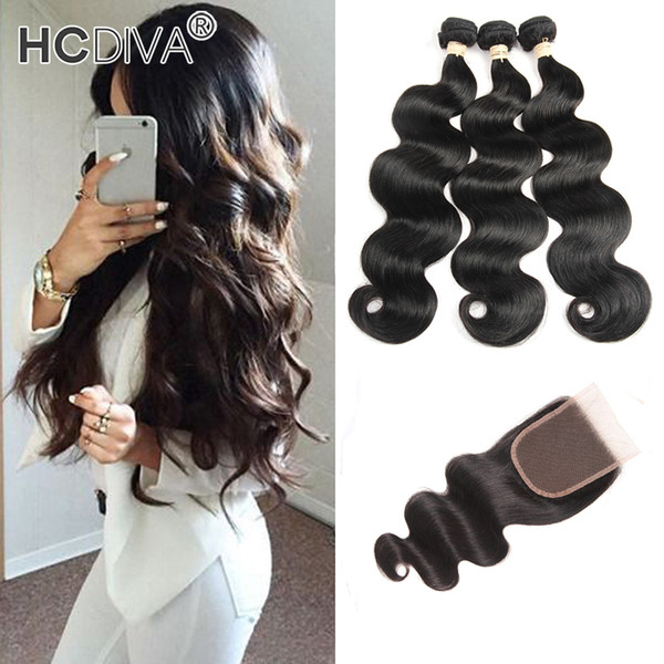 HCDIVA Hair Extension Weft Brazilian Body Wave Hair Bundles With Lace Closure Unrpocessed Virgin Human Hair Free/Middle/Three Part Closure