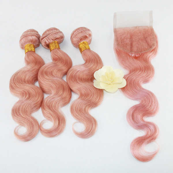 Wholesale Brazilian Virgin Hair 3 Bundles with Closure Unprocessed 100% Human Hair Bundles and Closure Color Pink Hair Braids Body Wave