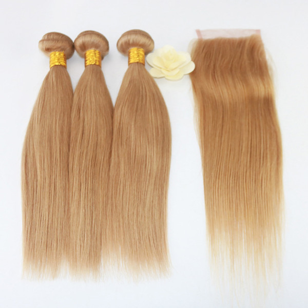 Skilly Straight Weave 7A Brazilian Hair Bundles Remy Virgin 3pcs with Lace Closure Free Part 27# Color Hair