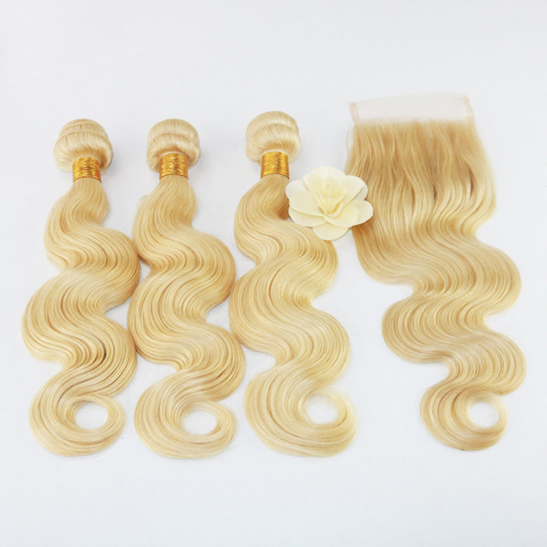 8a Brazilian Virgin Remy Weave Bundles with Closure 3pcs Bundles Human Hair in Extensions Body Wave Color #613