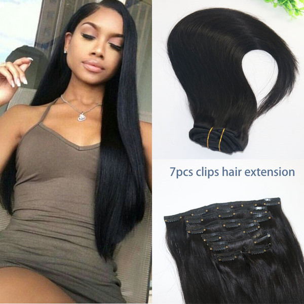 Straight Brazilian Human Hair Clip In Hair Extension 1B Natural Color Human Virgin Hair African American 7PCS 120gram