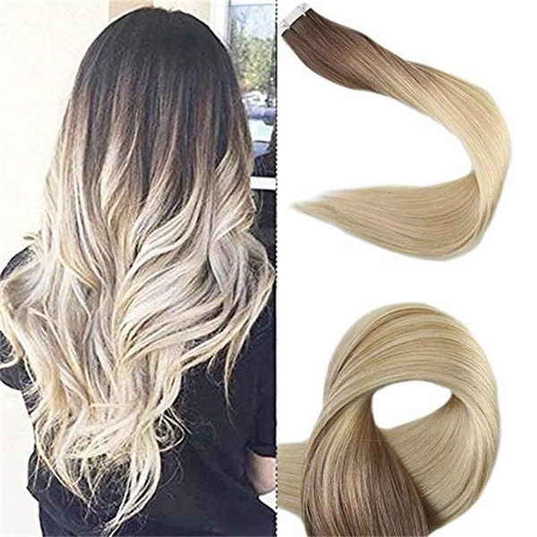 Balayage European Brazilian Peruvian Raw Inaian cuticle aligned hair Straight Tape In Human Hair Virgin Human Hair Extensions 50g 20pcs