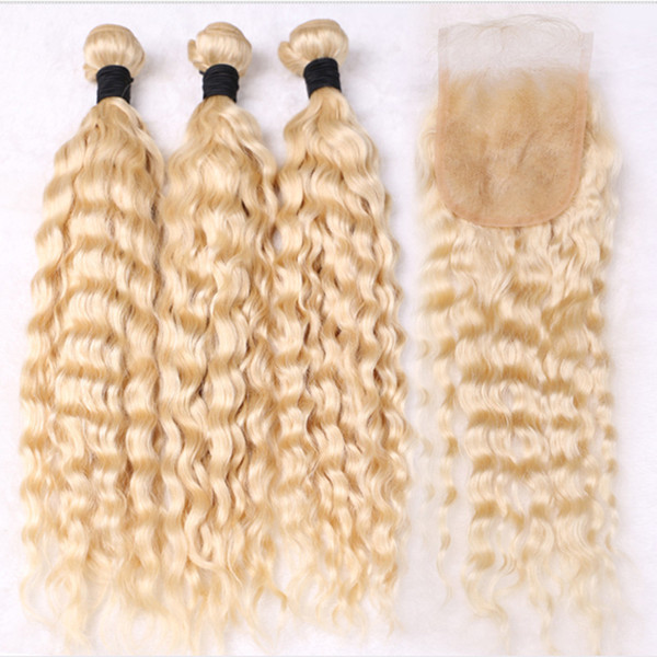 ELIBESS HAIR 613 Honey Blonde Curly Human Hair Extensions 100g/piece 3 Deep Wave Bundles Peruvian Virgin Hair with Closure,4Pcs/Lot