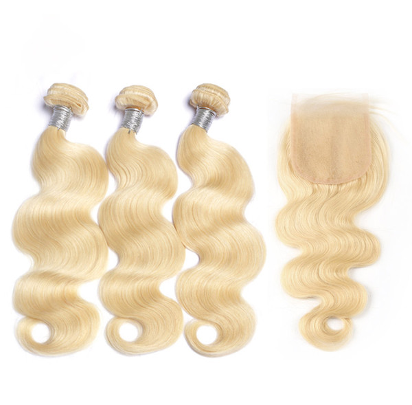 Brazilian Virgin Human Hair 3 Bundles With 4X4 Lace Closure Peruvian Malaysian Indian Body Hair Extensions Blonde color 613#