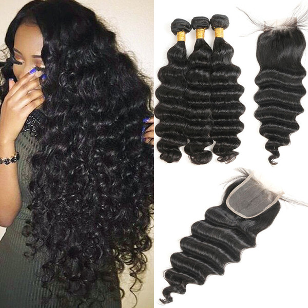 Loose Deep Wave 3 Bundles With Closure Malaysian Human Hair Bundles and Closure With Baby Hair 4pc/lot Non-remy Hair