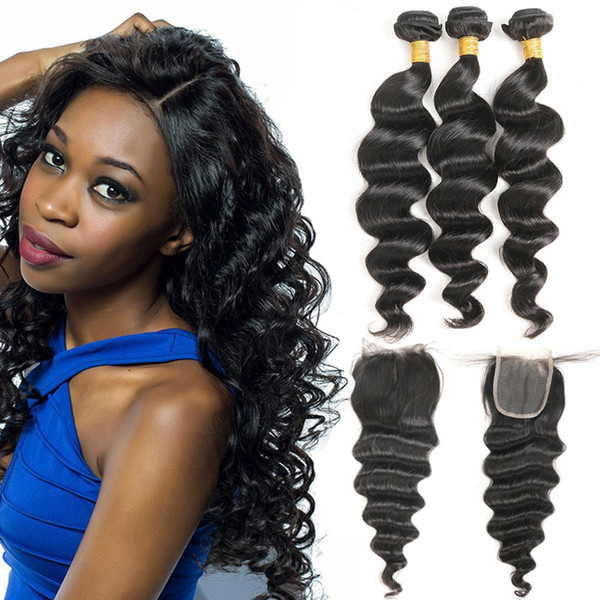 Loose Wave Bundles with Closure 3 Pcs Peruvian Hair Weave Human Hair Bundles With Closure Non Remy Hair Extensions