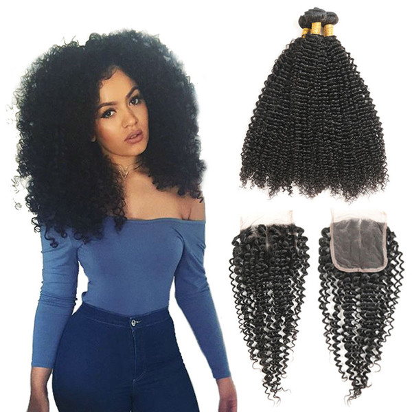 Afro Peruvian Kinky Curly hair 100% Human Hair 3 Bundles With Closure 4x4 4pcs /lot Non Remy Hair 