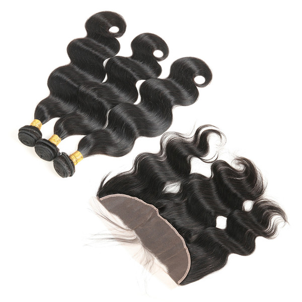 Malaysian Body Wave Human Hair Bundles with Frontal Closure Pre Plucked Remy Hair Natural Black 