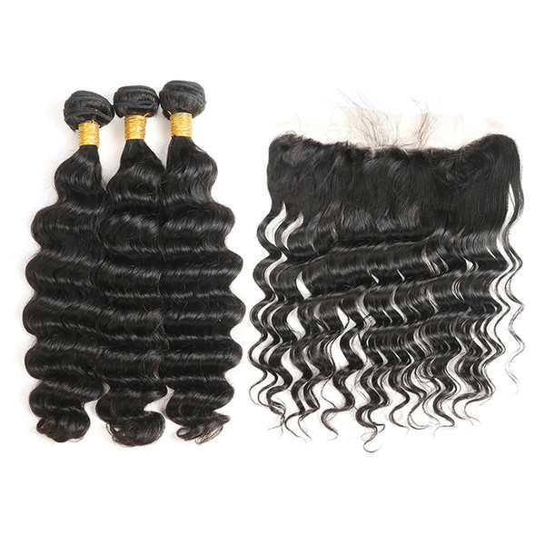 Indian Human Hair 3 Bundles With Lace Frontal Ear to Ear Loose Deep Wave 100% Human Hair Bundles with Lace Frontal For Salon