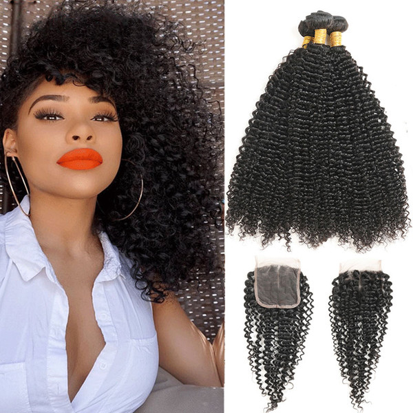 Afro Kinky Curly Weave Human Hair Bundles with Lace Closure Non-remy Mongolian Hair Weave 3 Bundles with Closure 