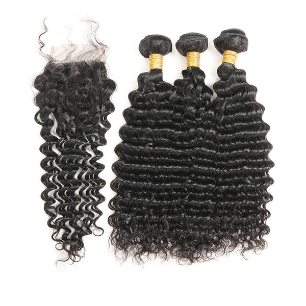 Brazilian Deep Wave 3 bundles With 4x4 Lace Closure Human Hair Bundles With Closure 4Pcs 100% Virgin Hair extensions 