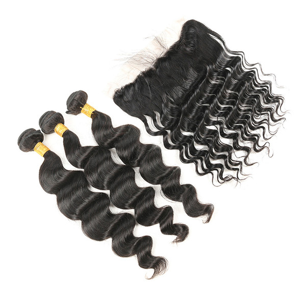 Indian Human Hair Loose Wave 3 Bundles with Lace Frontal Closure Natrural Black Human Hair Weaves Non Remy Hair 4pcs/lot