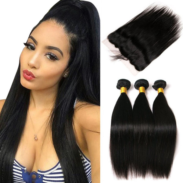 Malaysian Straight Human Hair Weave 3 Bundles With Frontal Closure Ear To Ear Lace Frontal Closure With Bundles Non Remy Hair 