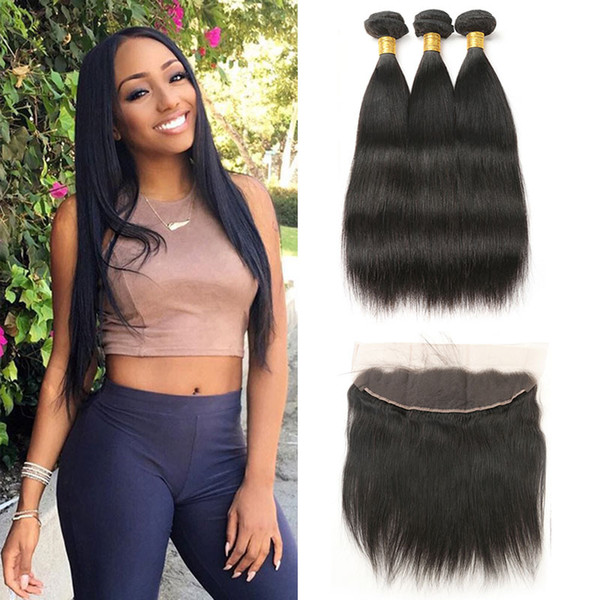 Mongolian Hair Weave Bundles With Lace Frontal Closure Straight Human Hair 3 Bundles Non Remy Hair Extensions 4Pcs 