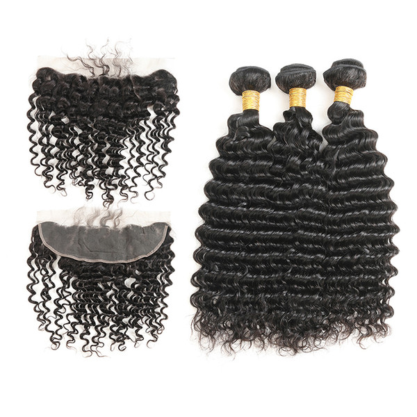 Indian Deep Wave Human Hair Bundles With Lace Frontal Natural Black 3 Bundles Hair Weave Non Remy Hair 