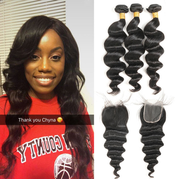 Mongolian Hair Weave 3 Bundles With Lace Closure Loose Wave Human Hair Bundles 4Pcs/lot Non-remy Hair Extensions 