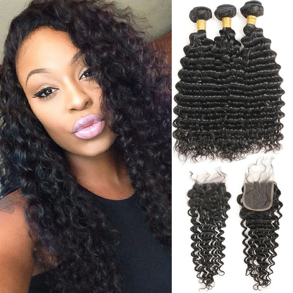 Deep Wave 3 Bundles With Closure Human Hair Bundles With Closure Natural Black Color Peruvian Hair Weave Bundles Non Remy Hair