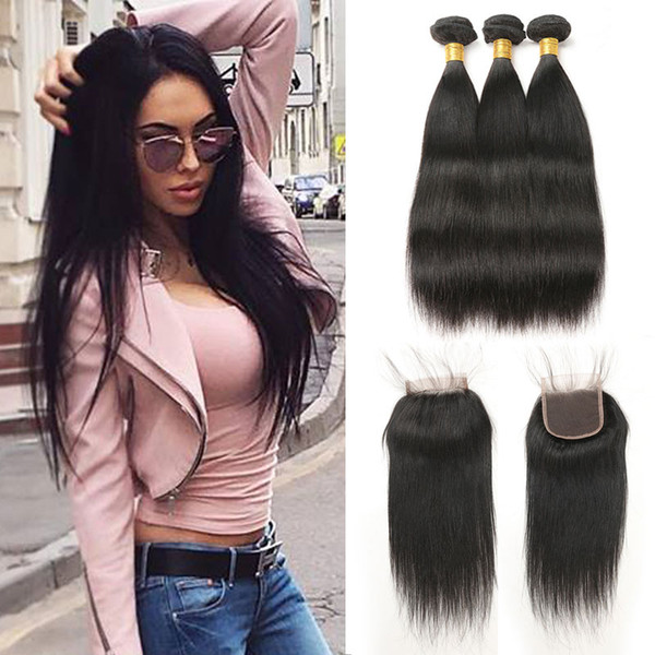 Indian Straight Human Hair Bundles With Closure Natural Black Color 3 Bundles with Closure Virgin Hair 8-30 Inch 