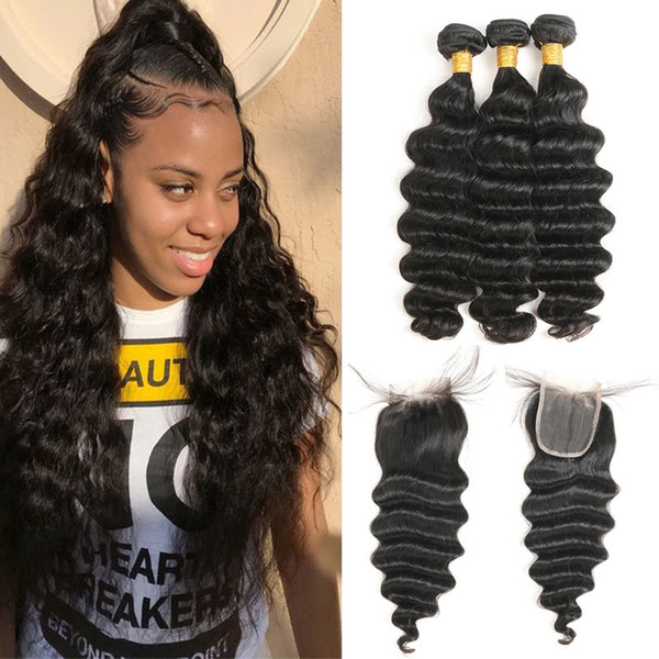 Loose Deep 100% Human Hair 3 Bundles With Closure Mongolian Hair Weave Bundles Natural Black Non Remy Hair Extensions