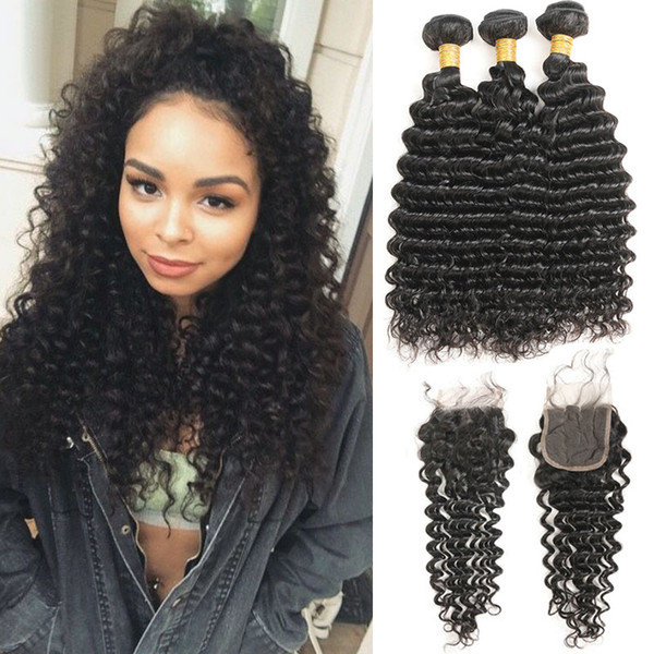 Deep Weave Human Hair With Closure Indian Hair Weave 3 Bundles with Closure Swiss Lace Closure Unprocessed Virgin Hair 4PCS