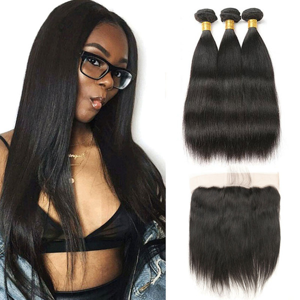 Brazilian Straight Hair 13x4 Lace Frontal Closure with 3 Bundles Non-Remy Human Hair with Frontal Closure Free Part