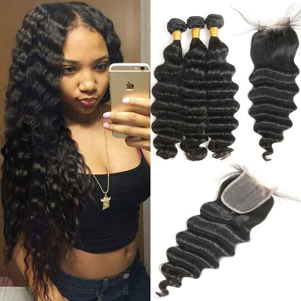 MI Hair Loose Deep Wave 3 Bundles With Closure Human Hair Bundles with Swiss Lace Closure Non Remy Brazilian Hair Weaves 