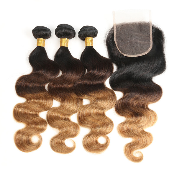 3 Bundles Ombre Malaysian Body Wave Human Hair Bundle With Closure Weave 1b/4/30 Non Remy Hair Lace Closure Ombre Human Hair