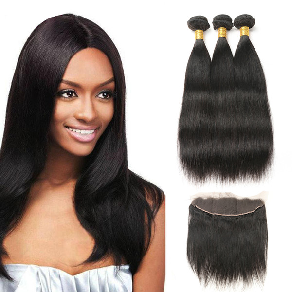 Human Hair Peruvian Straight Human Hair Bundles With Lace Frontal Closure 100% Human Hair 3 Bundles With Lace Frontal