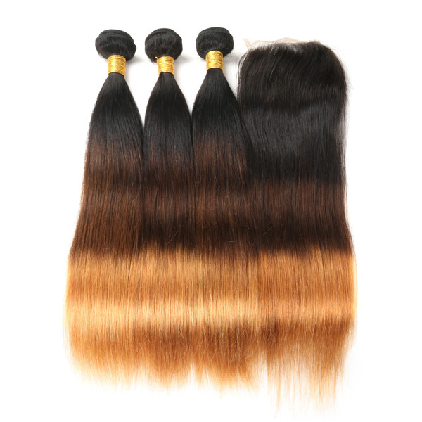 Ombre Brazilian Human Hair Bundles With Closure Straight Hair 3 Bundles With Lace Closure Honey Blonde Non-Remy Hair Extension